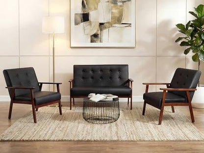 Mid Century 1 Loveseat Sofa and 2 Accent Chairs Set Modern Wood Arm Couch and Chair Living Room Furniture Sets (8428 Black Set)