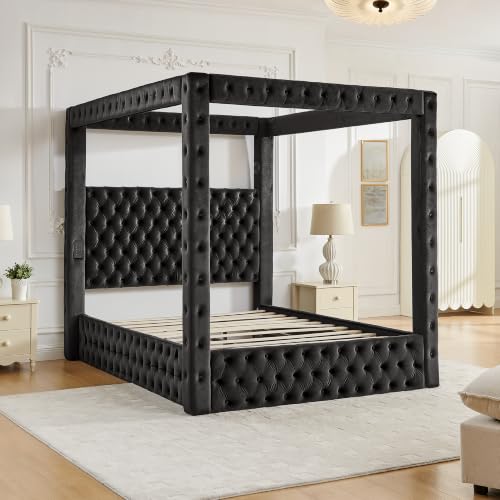 RuiSiSi King Canopy Bed Frame with Button Tufted Headboard, view 7