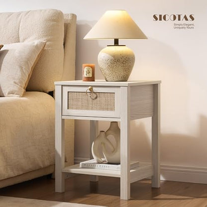 White Nightstand Set of 2,Rattan Decor Drawer with Brass Knobs Night Stand Bedside Table Boho End Tables Side Tables with Storage Shelf for Bedroom,Small Space