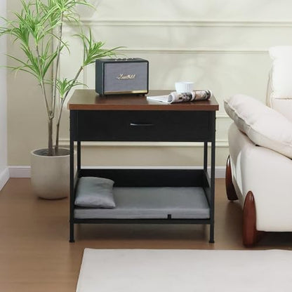 Dog Bed End Table with Storage Drawer and Washable Cushion, Black & Walnut, view 4