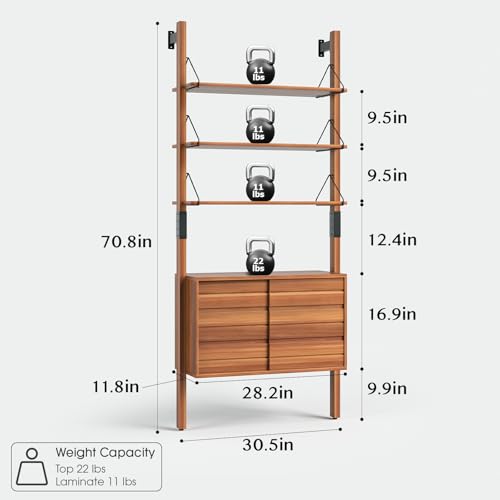 6 Tier Ladder Bookshelf with Storage Cabinet for Living Room,Cherry, view 3