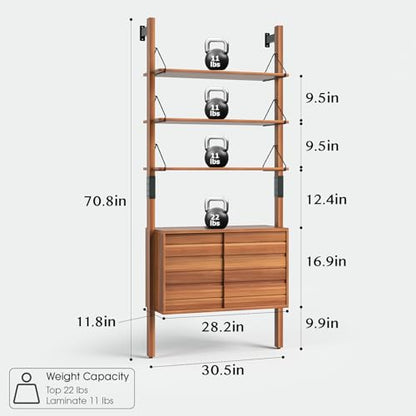 6 Tier Ladder Bookshelf with Storage Cabinet for Living Room,Cherry, view 3