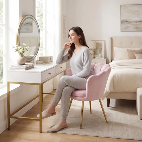Light Pink Makeup Vanity Chair with Back, Modern Velvet Upholstered Small Accent Chair with Gold Metal Legs, Cute Shell Shaped Vanity Stool Desk Chair for Living Room Bedroom Dressing Room