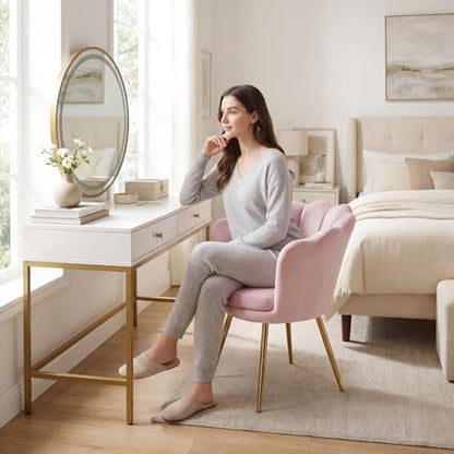 Light Pink Makeup Vanity Chair with Back, Modern Velvet Upholstered Small Accent Chair with Gold Metal Legs, Cute Shell Shaped Vanity Stool Desk Chair for Living Room Bedroom Dressing Room