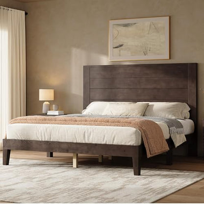 Queen Size Solid Wood Bed Frame with 48" Headboard Design, Walnut, view 4
