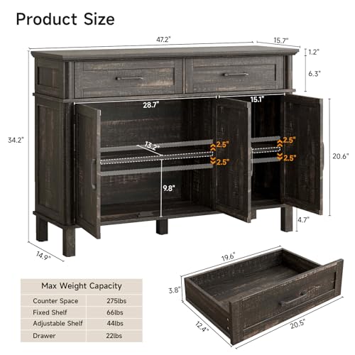 48 Inch Buffet Cabinet with Storage, Rustic Brown, view 3