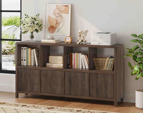 8 Cube Storage Organizer Bookshelf with Storage, Horizontal Bookcase with 4 Doors, Long Wooden Book Shelf for Living Room, Home Office (Dark Walnut)