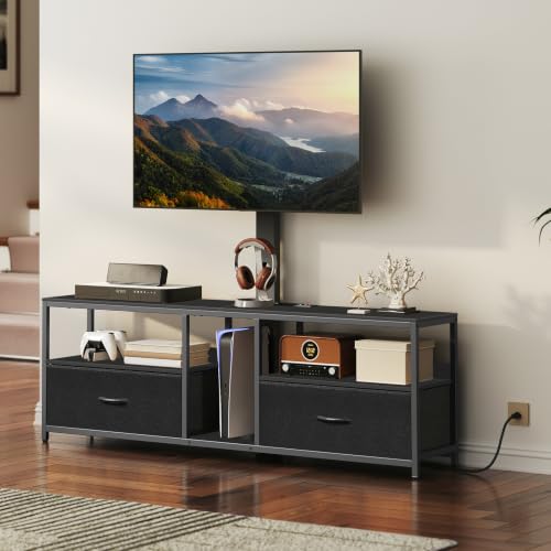 TV Stand with Mount for up to 75", Entertainment Center with Switch-Controlled Charging Station, Swivel TV Stand Mount with Fabric Drawers, for Living Room, Black TVBK154E01N2