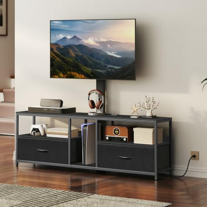 TV Stand with Mount for up to 75", Entertainment Center with Switch-Controlled Charging Station, Swivel TV Stand Mount with Fabric Drawers, for Living Room, Black TVBK154E01N2