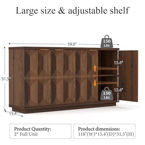 118" Sideboard Buffet Cabinet with 3D Geometric Doors, Long Credenza, view 3