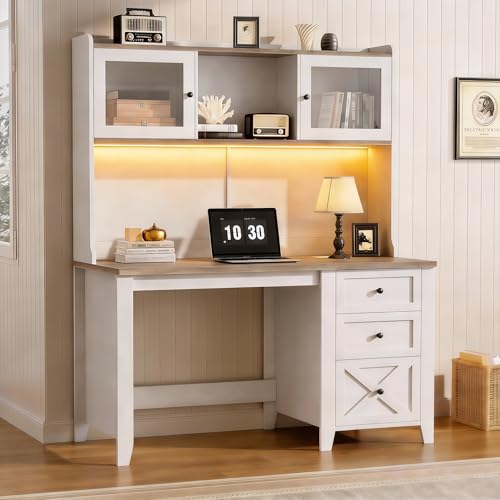 Farmhouse Computer Desk with Power Outlets & LED Light, view 4