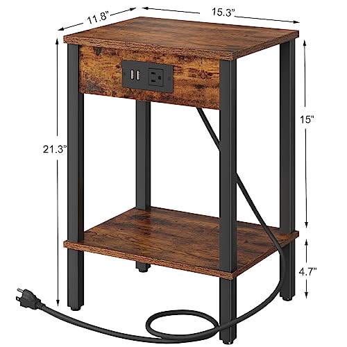Side Table with Charging Station, Set of 2 End Tables with USB Port and Outlets, Nightstands with 2-Tier Storage Shelves, Sofa Table for Small Space, Living Room, Bedroom, Rustic Brown 102F2