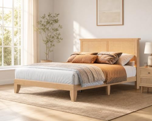 Wooden Rattan King Bed Frame with Headboard & LED Lights & Metal Slats, view 5