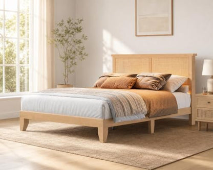 Wooden Rattan King Bed Frame with Headboard & LED Lights & Metal Slats, view 5