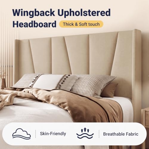 Queen Size Platform Linen Bed Frame with Headboard, Beige, view 5