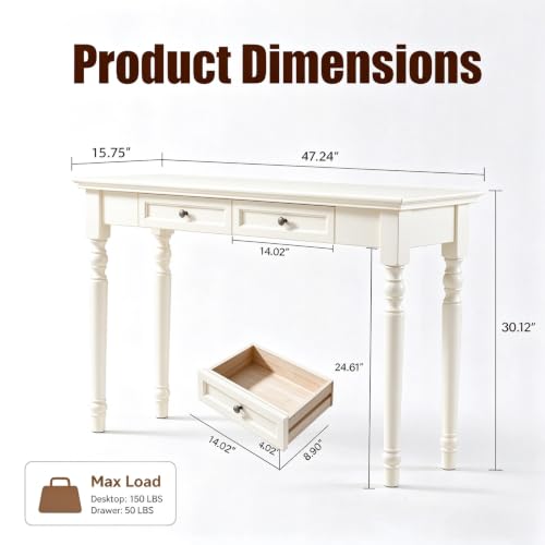 47" Narrow Solid Wood Writing Desk with 2 Drawers,White, view 3