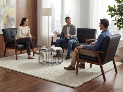 Mid Century 1 Loveseat Sofa and 2 Accent Chairs Set Modern Wood Arm Couch and Chair Living Room Furniture Sets (8428 Black Set)