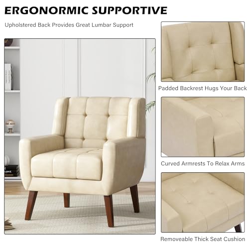 Faux Leather Accent Chair, Modern Upholstered Club Arm Chair for Living Room, Comfy Armchair Single Sofa Seat with Solid Wooden Legs (Cream)