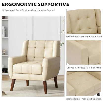Faux Leather Accent Chair, Modern Upholstered Club Arm Chair for Living Room, Comfy Armchair Single Sofa Seat with Solid Wooden Legs (Cream)