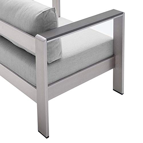 Shore Aluminum 4 Piece Outdoor Patio Furniture Set | Weather Resistant | Sunbrella Cushions | Sofa, Armchairs, Coffee Table