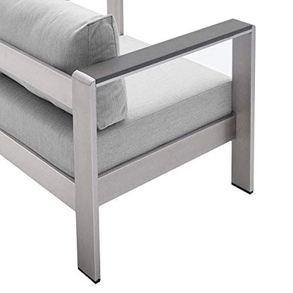 Shore Aluminum 4 Piece Outdoor Patio Furniture Set | Weather Resistant | Sunbrella Cushions | Sofa, Armchairs, Coffee Table