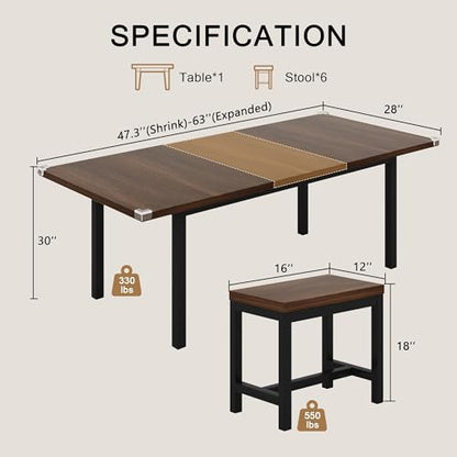7-Piece Dining Table Set, 63" Extendable Kitchen Room Table with 6 Stools, Mid Century Modern Dinner Table with Metal Frame & MDF Board, Space-Saving, Easy Assembly, Walnut
