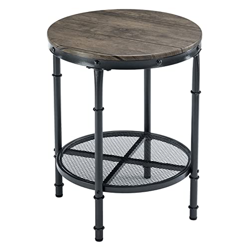 20" Side Table, Round End Tables Living Room, Industrial Small End Table with Metal Mesh, Rustic Farmhouse Side Tables for Bedroom, Office, Corner, Walnut