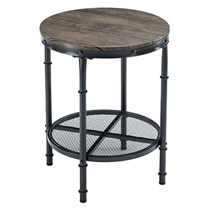 20" Side Table, Round End Tables Living Room, Industrial Small End Table with Metal Mesh, Rustic Farmhouse Side Tables for Bedroom, Office, Corner, Walnut