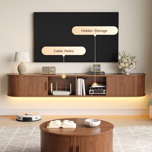 71" Floating TV Stand, Wall Mounted Entertainment Center Walnut, view 5