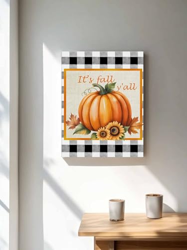 NuYeBiofx Thanksgiving Orange Pumpkin Sunflower Canvas Wall Art Prints,30"x20" Framed Picture Artwork Fall Leaf Buffalo Plaid Printed Canvas Oil Painting for Living Room Bedroom Office,Ready to Hang