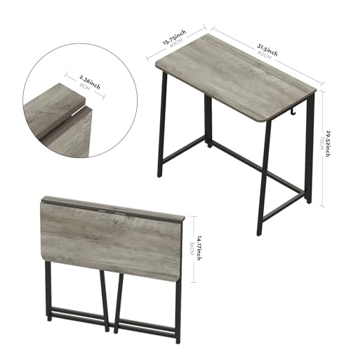 Folding Desk, Small Foldable Desk 31.5" for Small Spaces, Space Saving Computer Table Writing Workstation for Home Office, Easy Assembly, Gray-Wash
