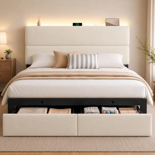 Queen Bed Frame with 2 Storage Drawers, Beige Velvet Upholstered, view 2