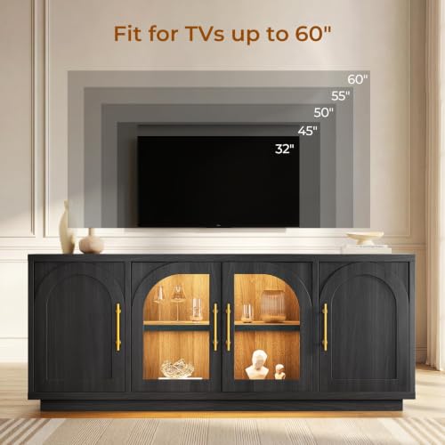 63" Modern TV Stand with LED Lights and Storage, Black TV Cabinet, view 4