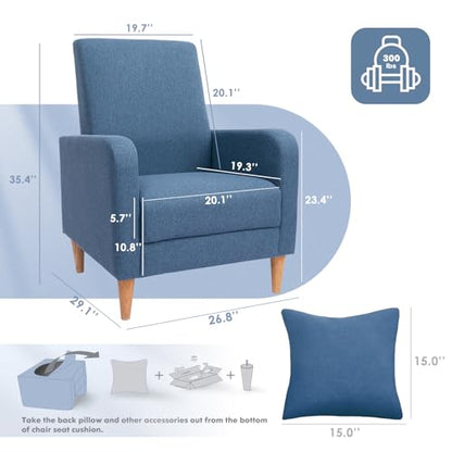 Modern Upholstered Accent Chair Armchair with Pillow, Fabric Reading Living Room Side Chair,Single Sofa with Lounge Seat and Wood Legs, Blue
