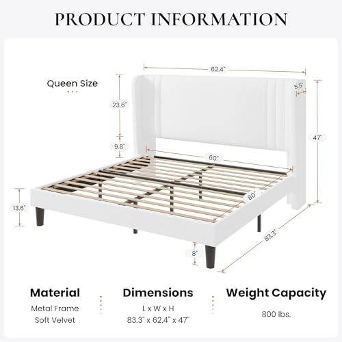 Queen Velvet Upholstered Bed Frame, Wingback Headboard, White, view 3