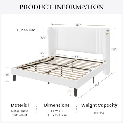 Queen Velvet Upholstered Bed Frame, Wingback Headboard, White, view 3
