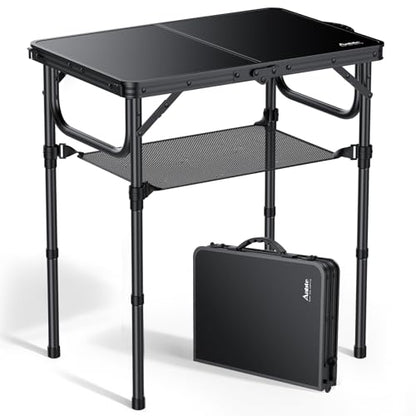 2ft Folding Camping Table with Storage Net, 3 Adjustable Heights Small Folding Table Lightweight & Portable with Carry Handle, for Camping, Fishing, Picnic, Beach, Outdoor, 22.8" x 15.7", Black