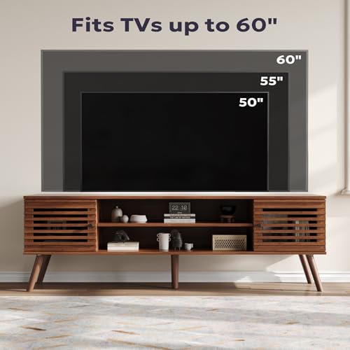 61" Mid Century Modern TV Stand for 50/55/60/70 inch TV, TV Media Console with Slatted Doors for TVs up to 70", Entertainment Center with Storage for Living Room, Bedroom, Walnut