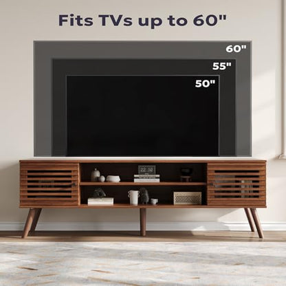 61" Mid Century Modern TV Stand for 50/55/60/70 inch TV, TV Media Console with Slatted Doors for TVs up to 70", Entertainment Center with Storage for Living Room, Bedroom, Walnut