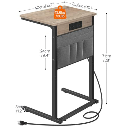 C Shaped End Table with Charging Station, 28" H Couch Side Table Slide Under, Sofa Arm Tray Table with Storage Bag for Living Room, Recliner, Greige BG70USF01