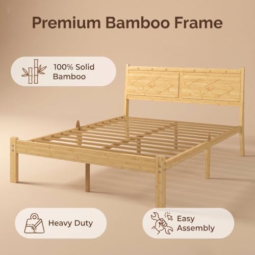14 inch Bamboo Wood Ergonomic Slant Queen Bed Frame with Headboard, view 7