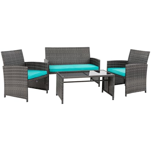4 Piece Patio Ratten Set Outdoor Furniture Set Wicker Conversation Sets with Cushions and Tempered Glass Tabletop,Blue