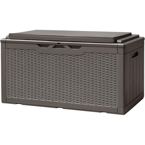 100 Gallon Deck Box, Waterproof Resin Outdoor Storage Box with Cushion for Outside and Patio, Large Outdoor Storage Bench Cabinet Lockable for Patio Furniture and Garden Tools (Deep Brown)