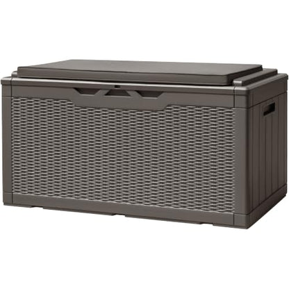 100 Gallon Deck Box, Waterproof Resin Outdoor Storage Box with Cushion for Outside and Patio, Large Outdoor Storage Bench Cabinet Lockable for Patio Furniture and Garden Tools (Deep Brown)