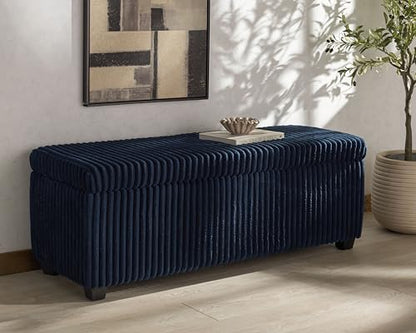 SAFAVIEH Couture Collection - Lynzie Navy Corduroy Storage Bench, Channel Tufted Upholstered Seat with Hidden Storage, Modern Accent Furniture (SFV6114C)