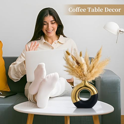 Ceramic Donut Vase, 8" L x 8" H Black and Gold Round Vase for Pampas Grass, Nordic Modern Vases for Decor, Ceramic Vase Centerpieces for Wedding, Bedroom, Living Room, Coffee Table, Office