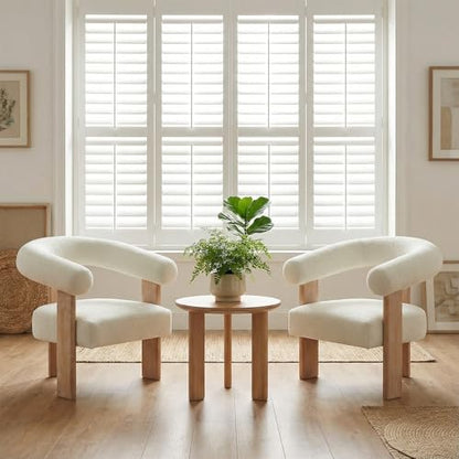Accent Chairs Set of 2, Modern Upholstered Living Room Chair Armchair with Solid Wood Legs, Comfy Barrel Arm Chairs for Living Room Bedroom, Cream