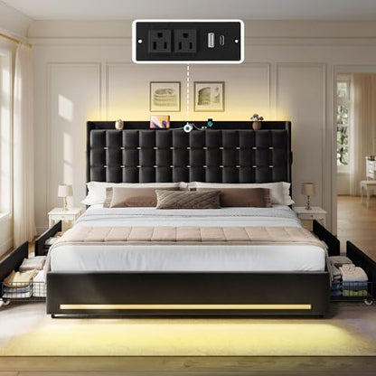 King Size Bed Frame, 4 Drawers and RGB LED Light,Charging Station, view 4
