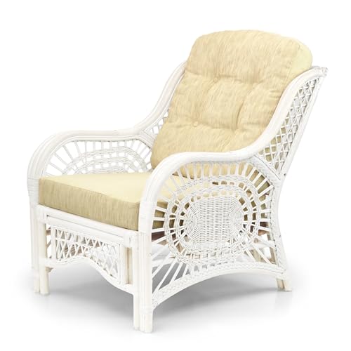 Malibu Lounge Set of 2 Natural ECO Rattan Wicker Chairs, Loveseat with Cream Cushion and Coffee Table w/Glass Handmade, White Color