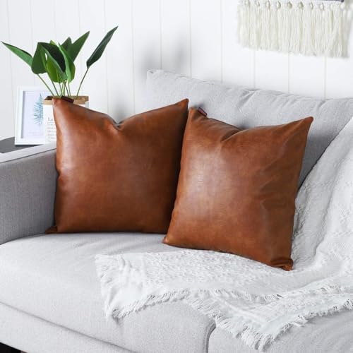 Set of 2 Faux Leather Decorative Throw Pillow Covers Modern Solid Outdoor Cushion Cases Luxury Pillowcases for Couch Sofa Bed 20x20 Inches Brown